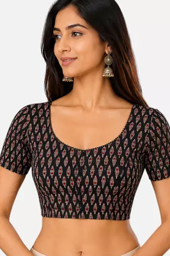 Black cotton blend kalamkari printed front open stretchable readymade saree blouse