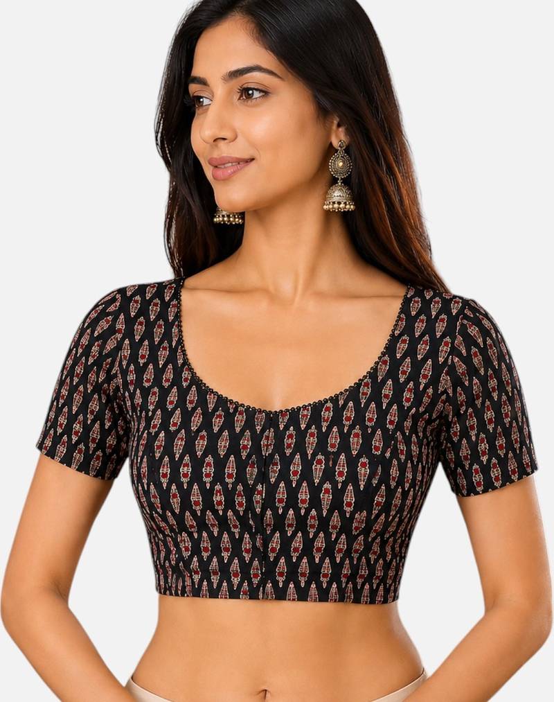 Black cotton blend kalamkari printed front open stretchable readymade saree blouse