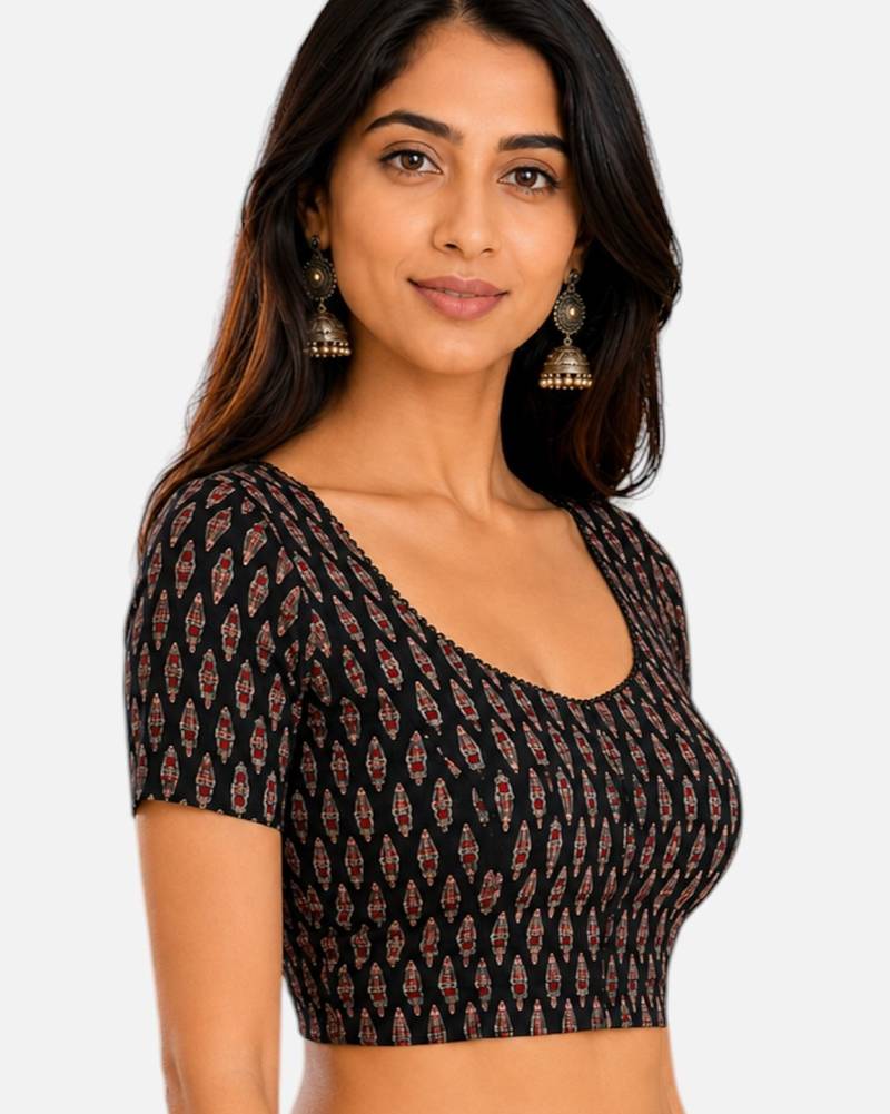Black cotton blend kalamkari printed front open stretchable readymade saree blouse