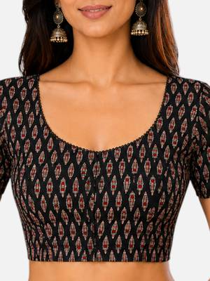 Black cotton blend kalamkari printed front open stretchable readymade saree blouse 5