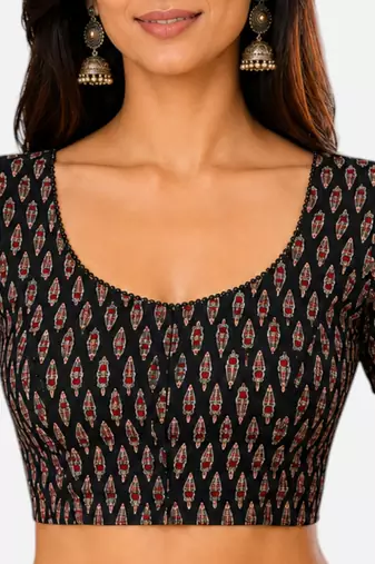 Black cotton blend kalamkari printed front open stretchable readymade saree blouse