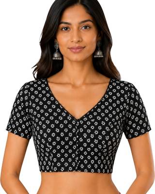 Black cotton blend kalamkari printed front open stretchable readymade saree blouse 1