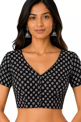 Black cotton blend kalamkari printed front open stretchable readymade saree blouse