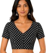 Black cotton blend kalamkari printed front open stretchable readymade saree blouse