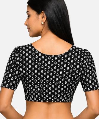Black cotton blend kalamkari printed front open stretchable readymade saree blouse 2