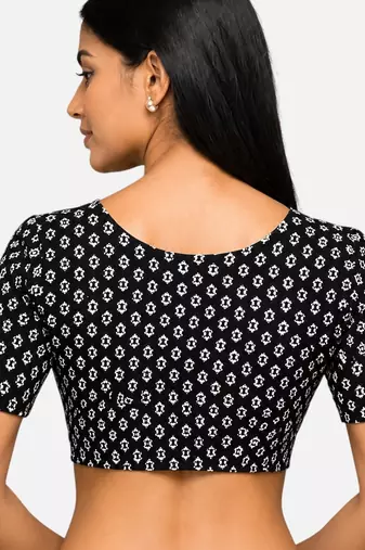 Black cotton blend kalamkari printed front open stretchable readymade saree blouse