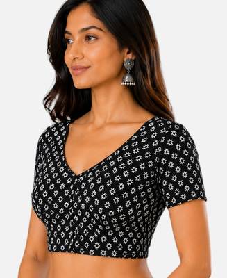 Black cotton blend kalamkari printed front open stretchable readymade saree blouse 3