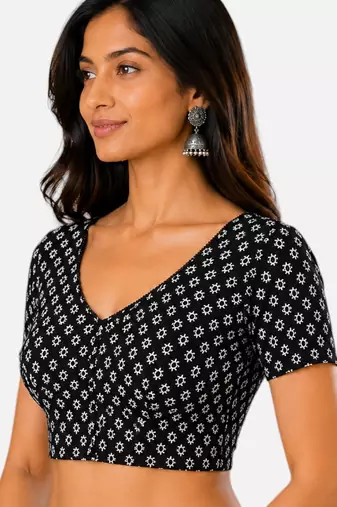 Black cotton blend kalamkari printed front open stretchable readymade saree blouse