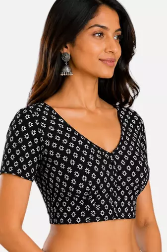 Black cotton blend kalamkari printed front open stretchable readymade saree blouse