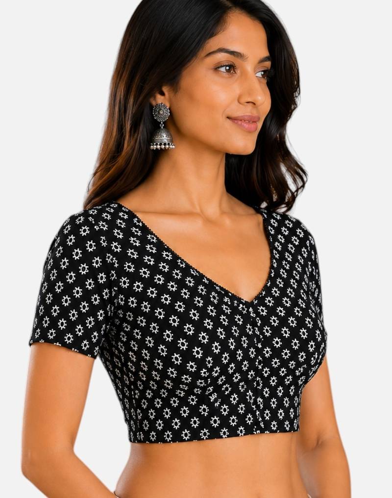 Black cotton blend kalamkari printed front open stretchable readymade saree blouse
