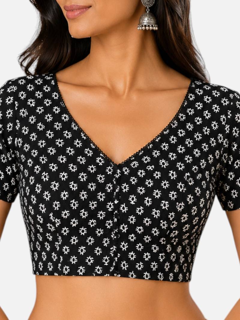 Black cotton blend kalamkari printed front open stretchable readymade saree blouse