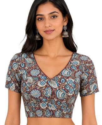 Brown cotton blend kalamkari printed front open stretchable readymade saree blouse 1