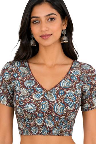 Brown cotton blend kalamkari printed front open stretchable readymade saree blouse