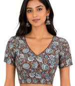 Brown cotton blend kalamkari printed front open stretchable readymade saree blouse