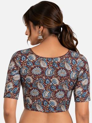 Brown cotton blend kalamkari printed front open stretchable readymade saree blouse 2