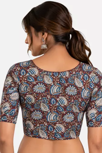 Brown cotton blend kalamkari printed front open stretchable readymade saree blouse