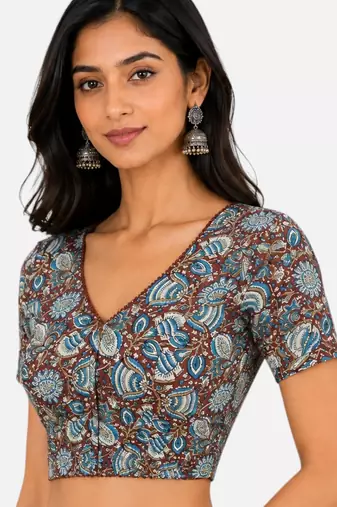 Brown cotton blend kalamkari printed front open stretchable readymade saree blouse