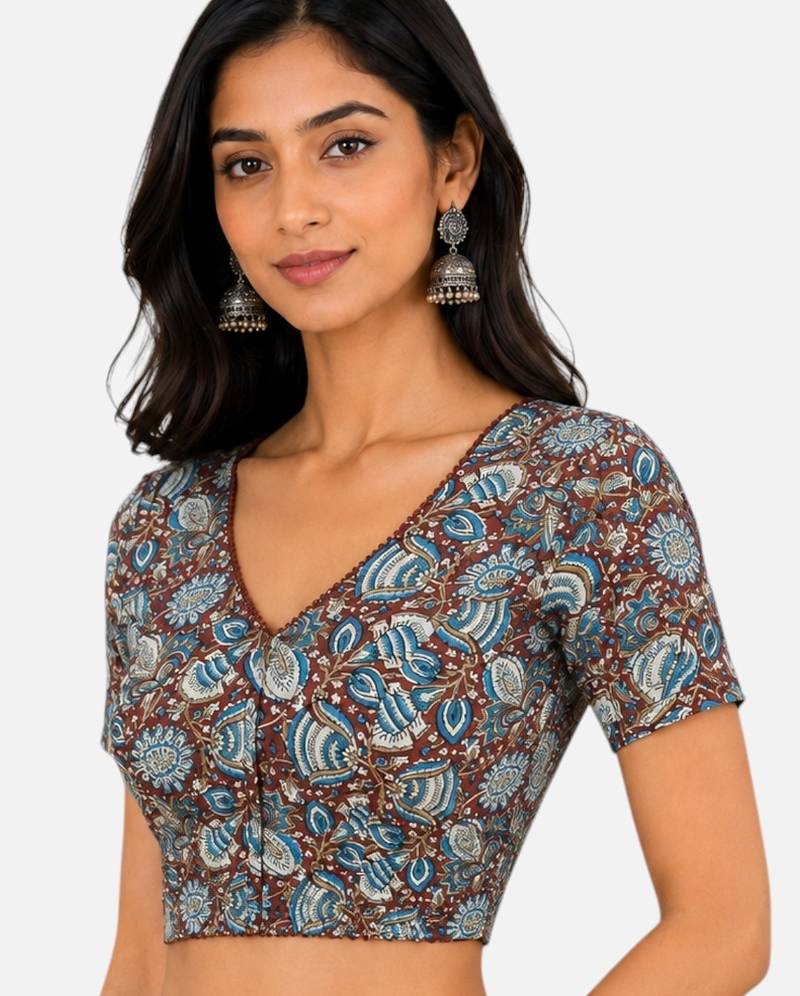 Brown cotton blend kalamkari printed front open stretchable readymade saree blouse