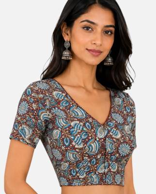 Brown cotton blend kalamkari printed front open stretchable readymade saree blouse 4
