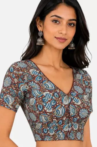 Brown cotton blend kalamkari printed front open stretchable readymade saree blouse