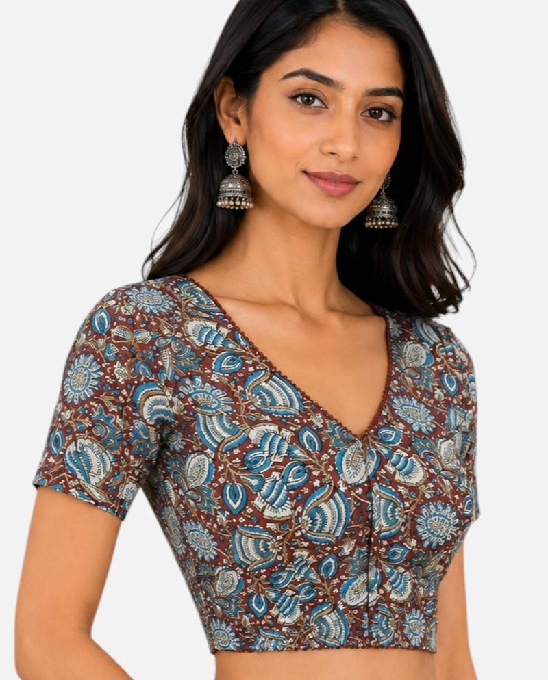 Brown cotton blend kalamkari printed front open stretchable readymade saree blouse