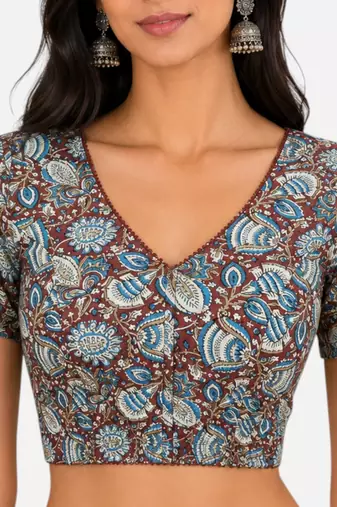 Brown cotton blend kalamkari printed front open stretchable readymade saree blouse