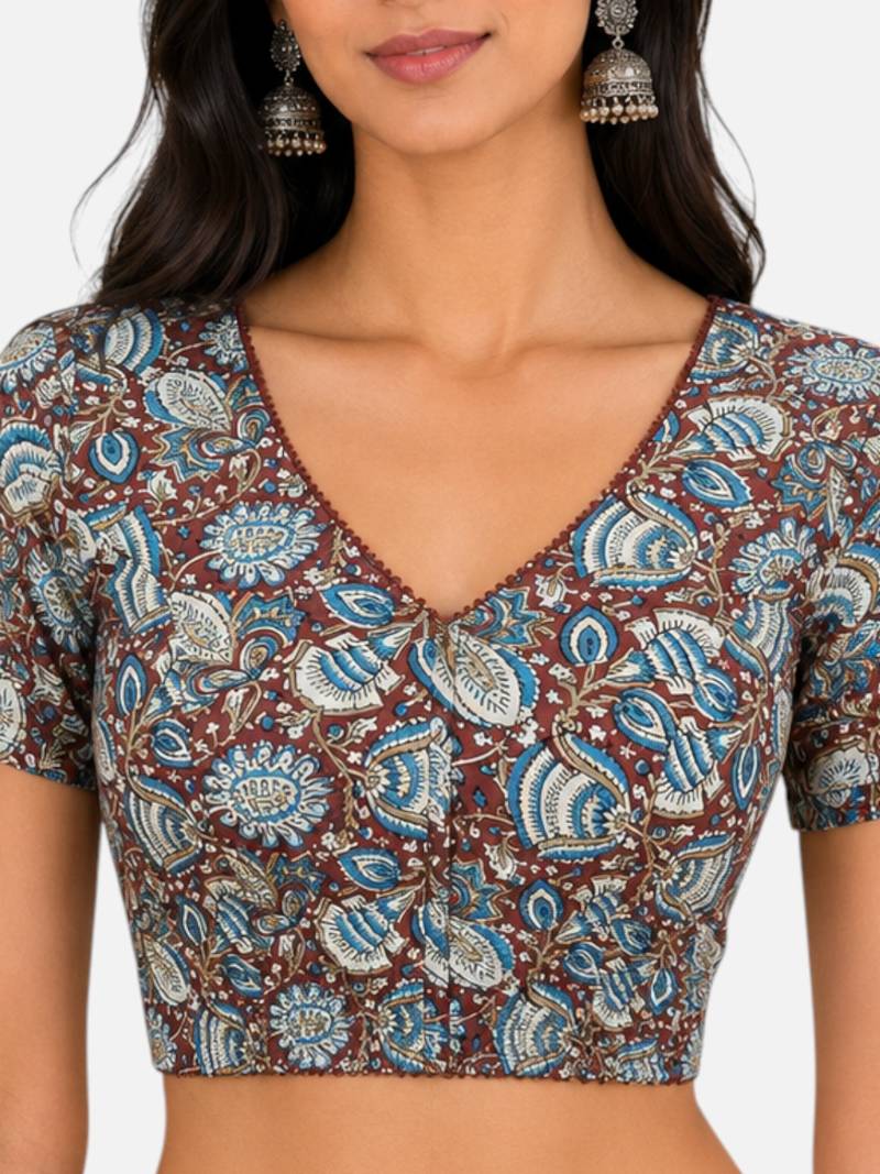 Brown cotton blend kalamkari printed front open stretchable readymade saree blouse
