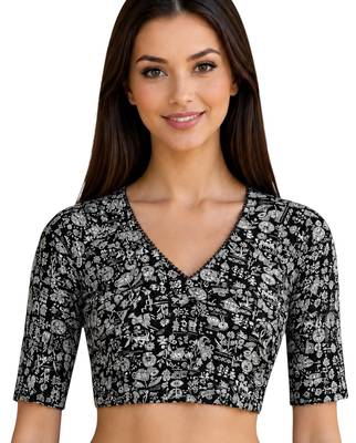 Black cotton blend kalamkari printed front open stretchable readymade saree blouse 1