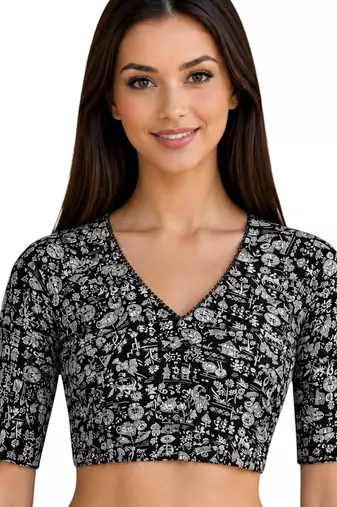 Black cotton blend kalamkari printed front open stretchable readymade saree blouse