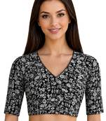 Black cotton blend kalamkari printed front open stretchable readymade saree blouse