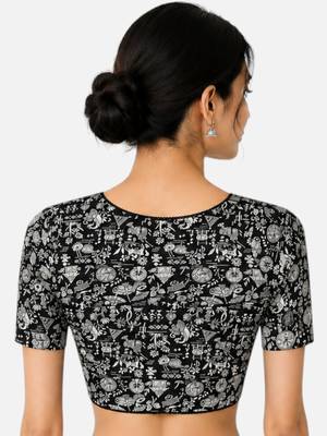 Black cotton blend kalamkari printed front open stretchable readymade saree blouse 2