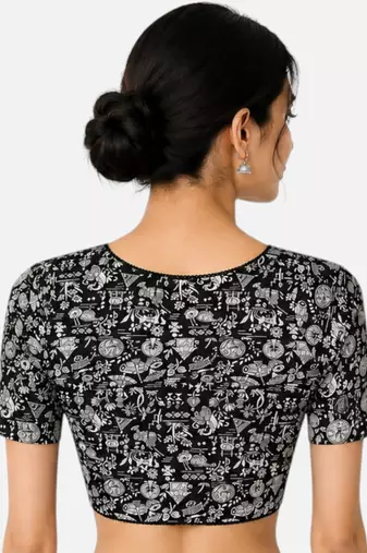 Black cotton blend kalamkari printed front open stretchable readymade saree blouse