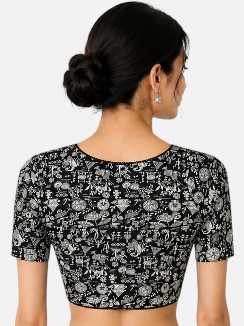 Black cotton blend kalamkari printed front open stretchable readymade saree blouse