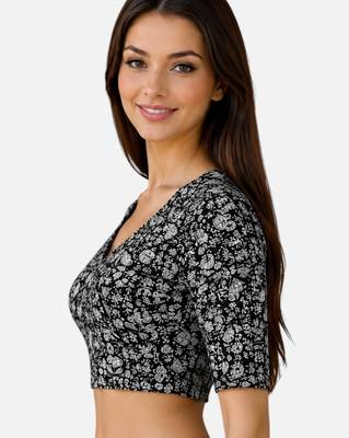 Black cotton blend kalamkari printed front open stretchable readymade saree blouse 4