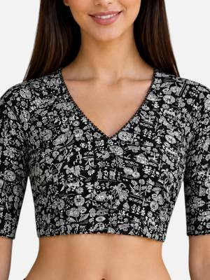 Black cotton blend kalamkari printed front open stretchable readymade saree blouse 5