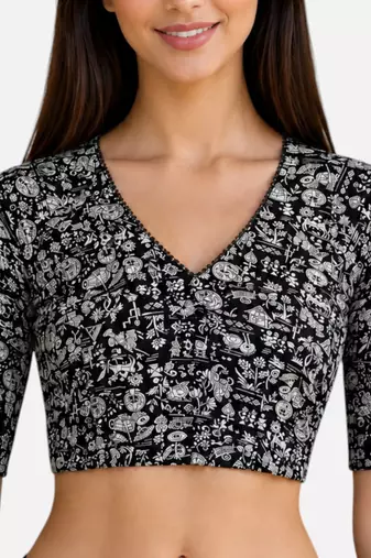Black cotton blend kalamkari printed front open stretchable readymade saree blouse
