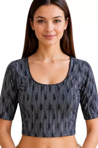 Grey cotton blend ikkat printed stretchable readymade saree blouse