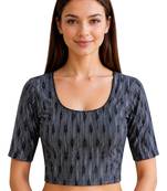 Grey cotton blend ikkat printed stretchable readymade saree blouse