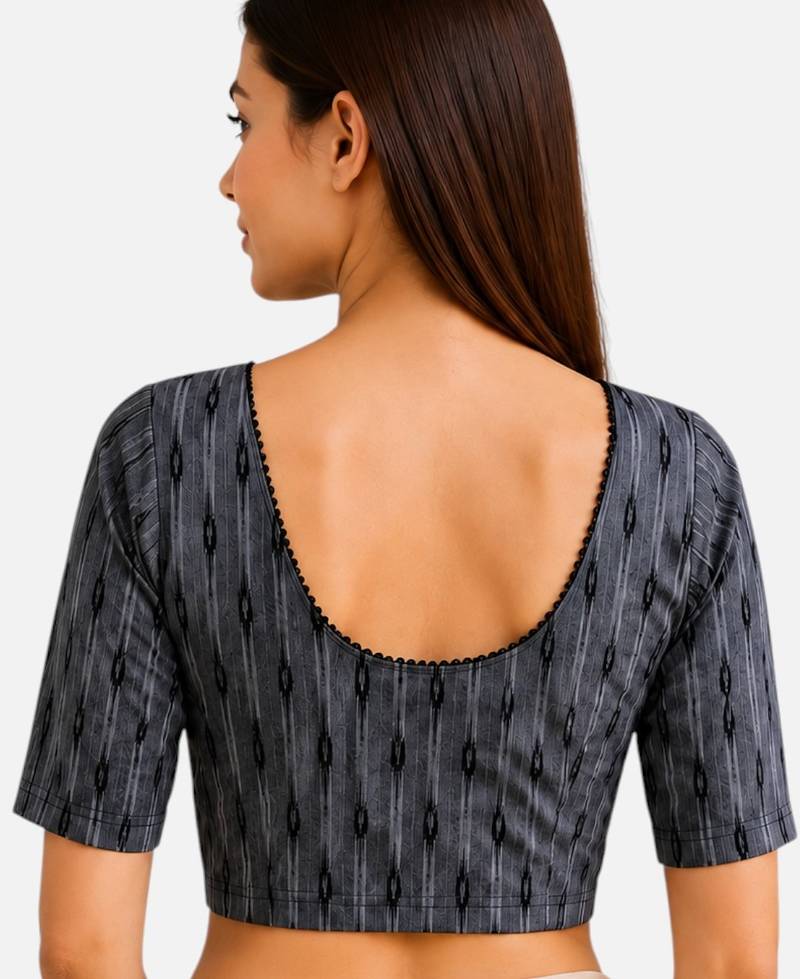 Grey cotton blend ikkat printed stretchable readymade saree blouse