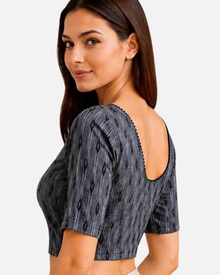 Grey cotton blend ikkat printed stretchable readymade saree blouse 3