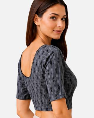 Grey cotton blend ikkat printed stretchable readymade saree blouse 4