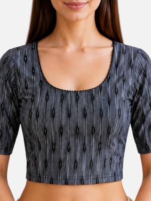 Grey cotton blend ikkat printed stretchable readymade saree blouse 5