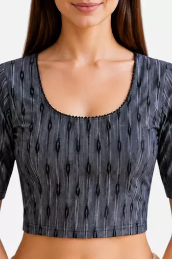 Grey cotton blend ikkat printed stretchable readymade saree blouse