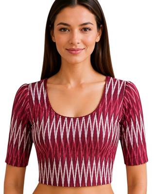 Maroon cotton blend ikkat printed stretchable readymade saree blouse 1