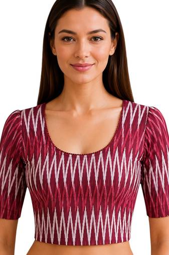Maroon cotton blend ikkat printed stretchable readymade saree blouse