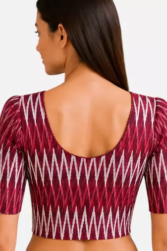 Maroon cotton blend ikkat printed stretchable readymade saree blouse