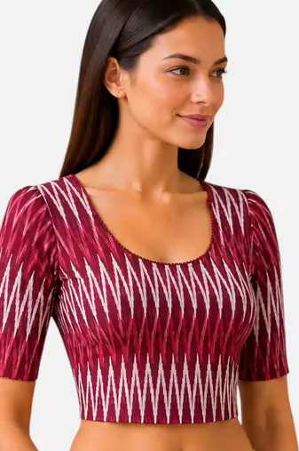 Maroon cotton blend ikkat printed stretchable readymade saree blouse