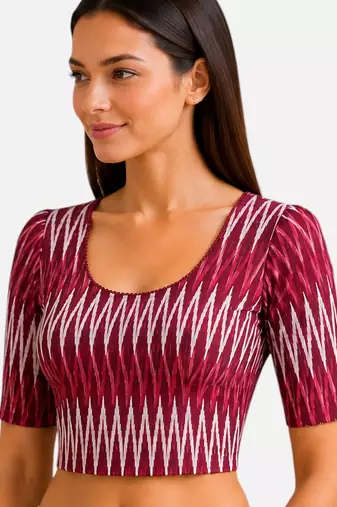 Maroon cotton blend ikkat printed stretchable readymade saree blouse