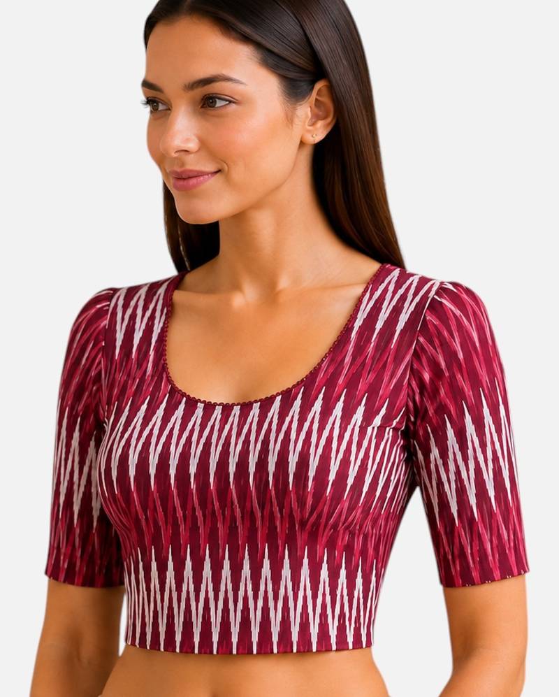 Maroon cotton blend ikkat printed stretchable readymade saree blouse