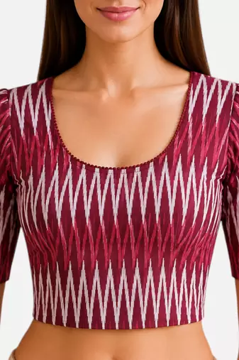 Maroon cotton blend ikkat printed stretchable readymade saree blouse